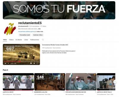 Captura de pantalla del canal de YouTube @reclutamientoES con el lema 'Somos tu fuerza' y vídeos sobre convocatorias oficiales para ingresar como oficial en las Fuerzas Armadas