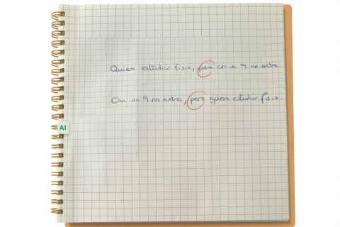 Hoja escrita a mano con dos frases: «Quiero estudiar Fisio, pero con un 9 no entro» y la misma frase al revés, con los dos «pero» rodeados en rojo