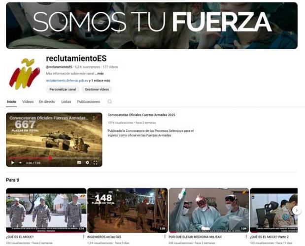 Captura de pantalla del canal de YouTube @reclutamientoES con el lema 'Somos tu fuerza' y vídeos sobre convocatorias oficiales para ingresar como oficial en las Fuerzas Armadas