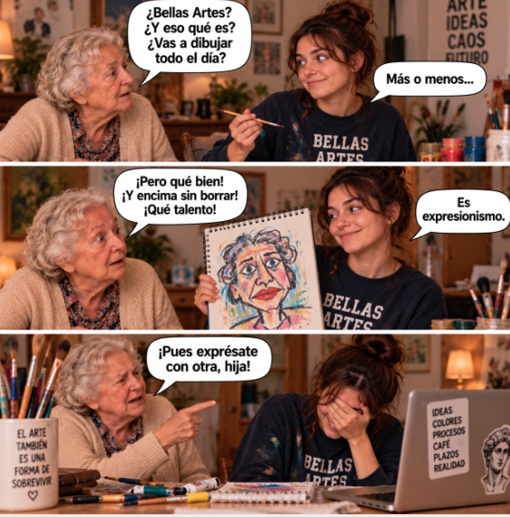 Meme de tres viñetas: una abuela pregunta a su nieta, estudiante del Grado en Bellas Artes, si va a dibujar todo el día; la nieta le muestra un retrato expresionista de la abuela, que primero la felicita por el talento y, al saber que es expresionismo, le pide que se exprese con otra.