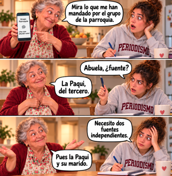 Meme de tres viñetas: una abuela enseña a su nieta, estudiante del Grado en Periodismo, un mensaje reenviado por el grupo de la parroquia; la nieta pregunta por la fuente, la abuela dice que es la Paqui del tercero y, cuando la nieta pide dos fuentes independientes, la abuela responde que la Paqui y su marido.