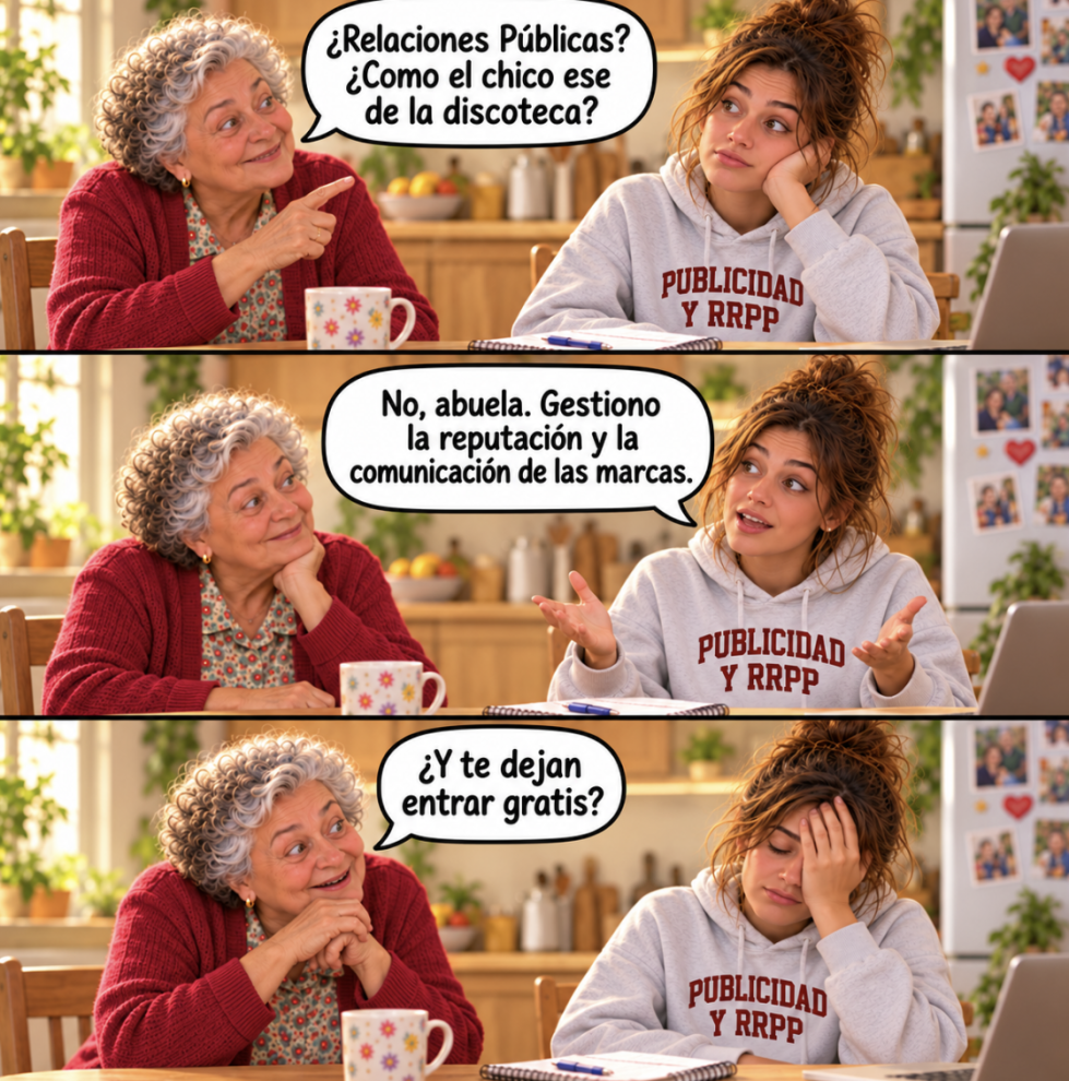 Meme de tres viñetas: una abuela pregunta a su nieta, estudiante del Grado en Publicidad y Relaciones Públicas, si eso es como el chico de la discoteca; la nieta explica que gestiona la reputación de las marcas y la abuela pregunta si la dejan entrar gratis