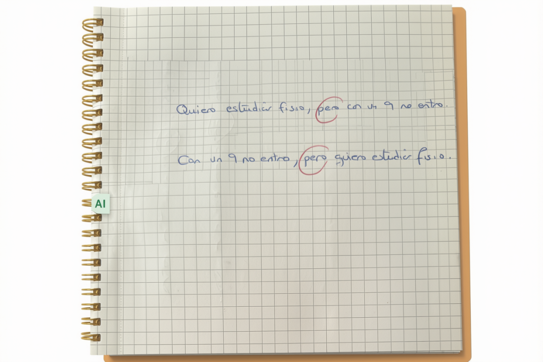 Hoja escrita a mano con dos frases: «Quiero estudiar Fisio, pero con un 9 no entro» y la misma frase al revés, con los dos «pero» rodeados en rojo