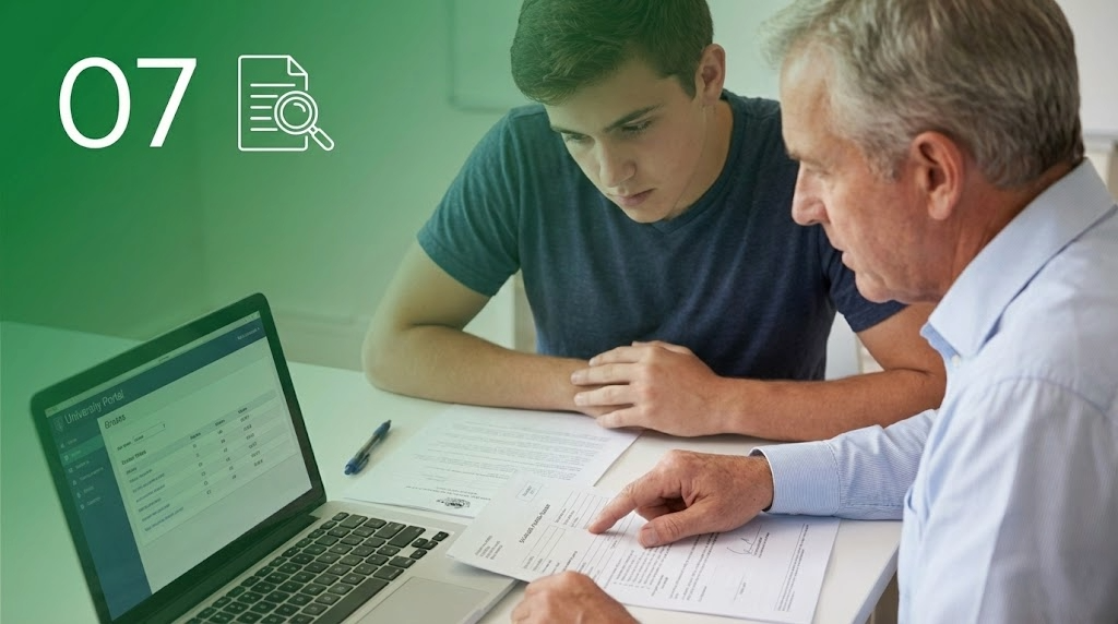 Estudiante y tutor revisando documentos del proceso de reclamación y revisión de nota de la Selectivdad PAU.