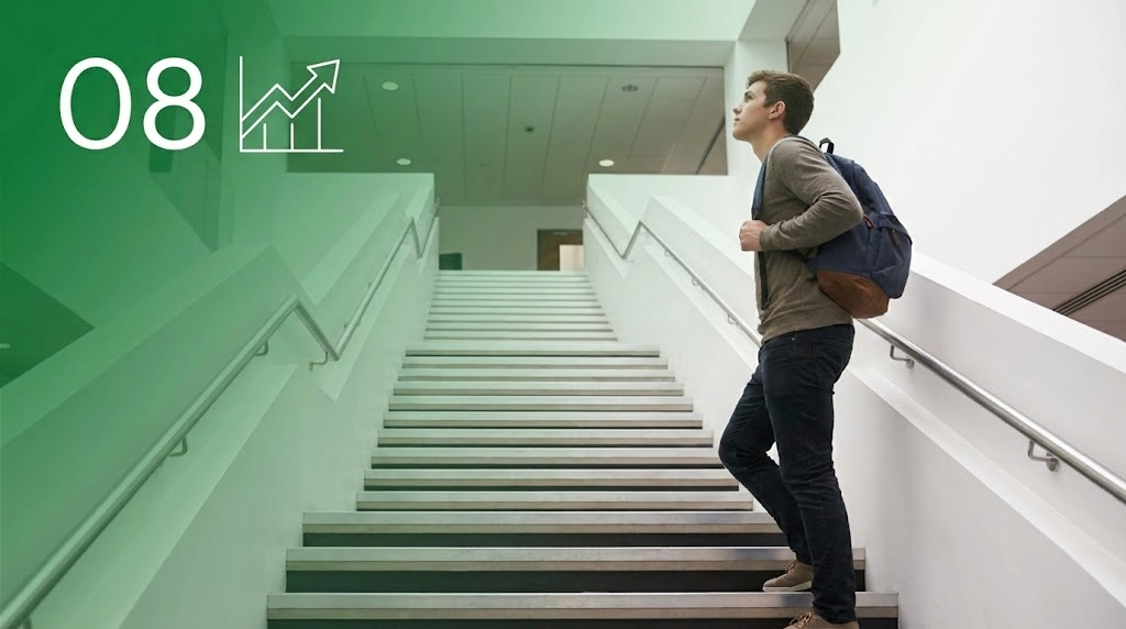 Estudiante subiendo escaleras universitarias, simbolizando cómo mejorar la nota de Selectividad en la PAU.