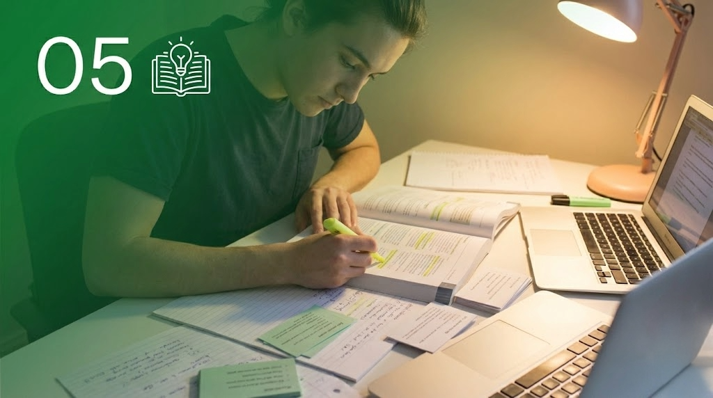 Estudiante subrayando apuntes con técnicas de estudio activo para preparar y aprobar los exámenes de la PAU.
